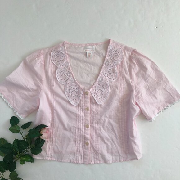 Pink Cotton Lace Collar Button Front Blouse Pleated Medium Cottagecore Coquette - Picture 1 of 7